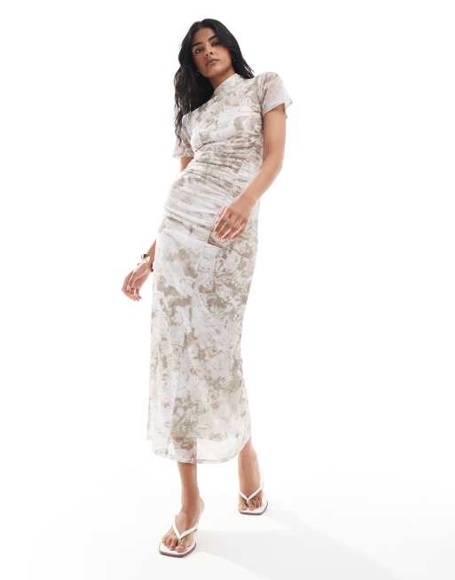 ASOS DESIGN - Gedrapeerde maxi jurk van mesh met korte mouwen, rimpeleffect en tie-dye print in kaki