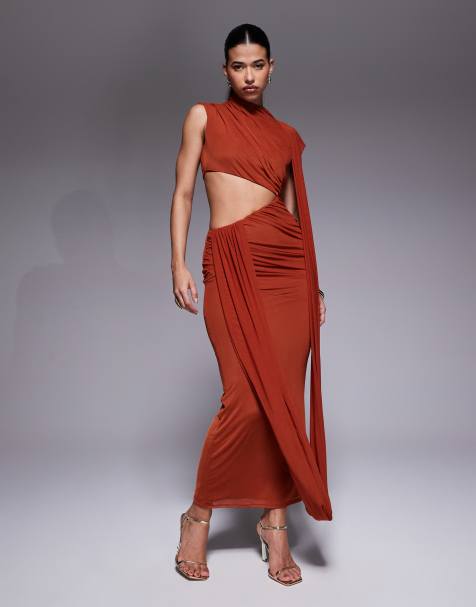 ASOS DESIGN - Gedrapeerde maxi jurk van mesh met uitsnijdingen in roestbruin - view 1