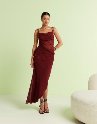 ASOS DESIGN - Gedrapeerde maxi rok van chiffon in bordeauxrood, deel van co-ord set - view 1
