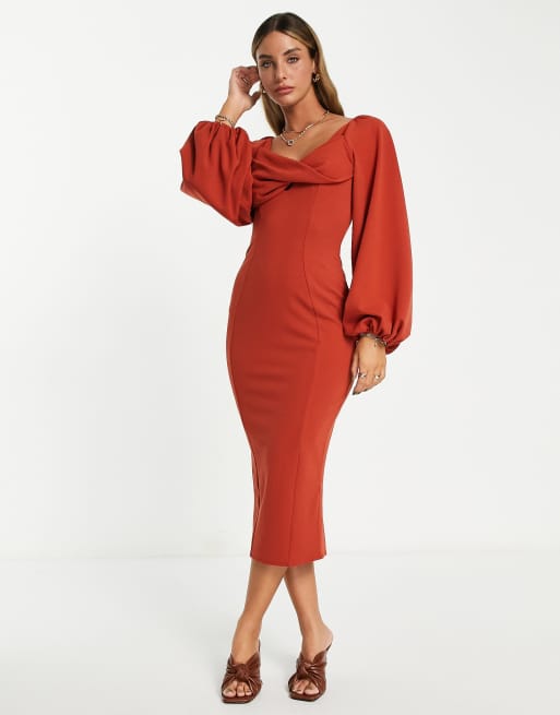 ASOS DESIGN - Gedrapeerde midi-jurk met ballonmouwen en open achterkant in roestbruin
