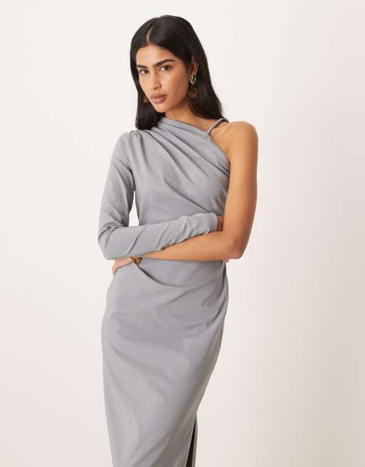 ASOS DESIGN - Gedrapeerde midi-jurk met blote schouder in grijs, 4 van 4