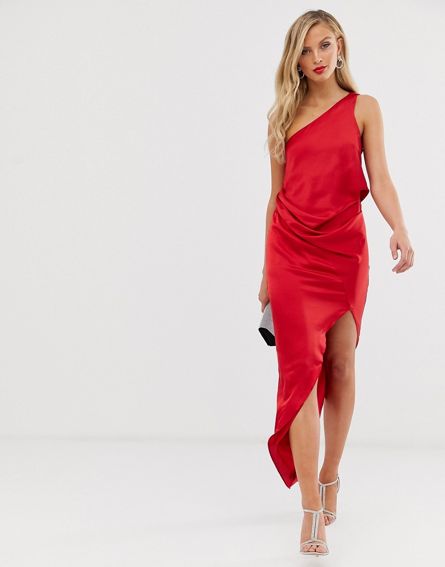 ASOS DESIGN - Gedrapeerde midi-jurk met blote schouder van satijn-Rood