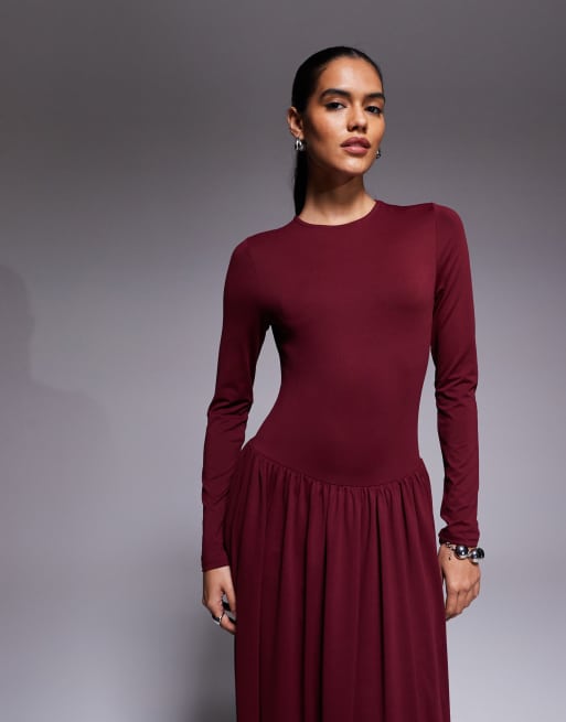 ASOS DESIGN - Gedrapeerde midi-jurk met lange mouwen in bordeauxrood, 2 van 4