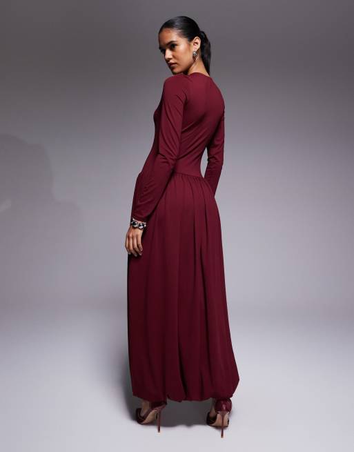 ASOS DESIGN - Gedrapeerde midi-jurk met lange mouwen in bordeauxrood, 3 van 4