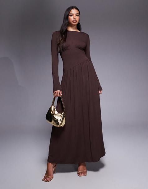 ASOS DESIGN - Gedrapeerde midi jurk met rechte hals en bustenaden in chocoladebruin - view 1