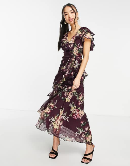 ASOS DESIGN - Gedrapeerde midi jurk van dobby chiffon met strikdetail in bordeauxrood met bloemenprint 