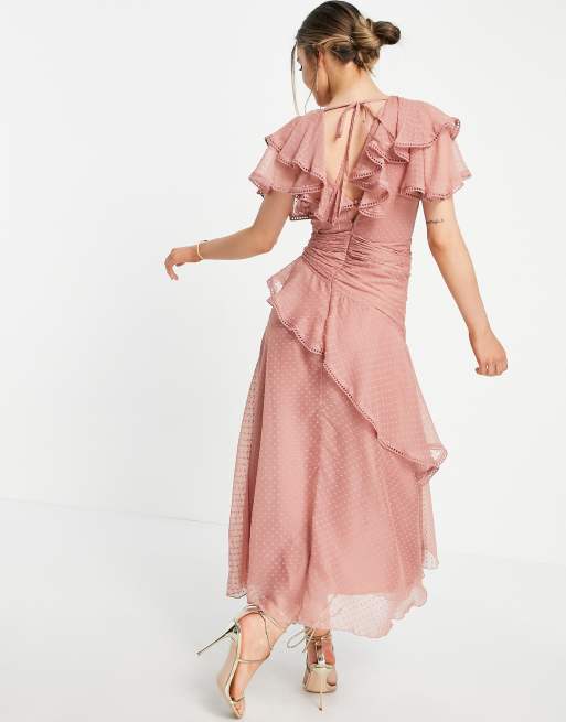 ASOS DESIGN - Gedrapeerde midi-jurk van dobby chiffon met strikdetail, 2 van 4