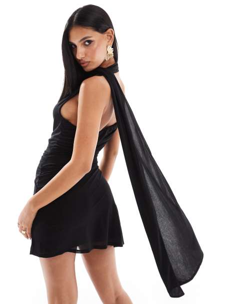 ASOS DESIGN - Gedrapeerde mini cami jurk van rekbaar chiffon met gestrikte hals in zwart - view 1