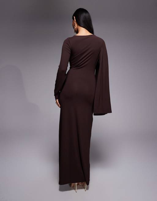 ASOS DESIGN - Gedrapeerde mini jurk met sjaaldetail in chocoladebruin, 2 van 4