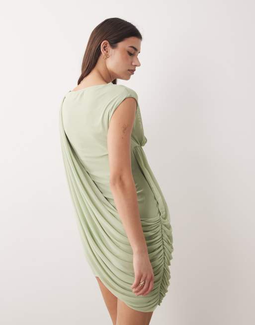 ASOS DESIGN - Gedrapeerde mini-jurk van mesh met aangeknipte mouwen in saliegroen, 2 van 4