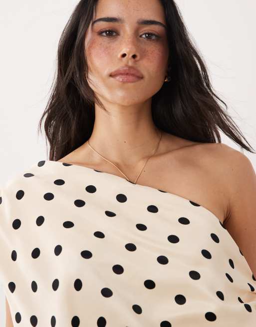 ASOS DESIGN - Gedrapeerde mini jurk van satijn met blote schouder in lichtgeel met stippen, 3 van 4