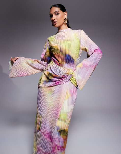 ASOS DESIGN - Gedrapeerde plissé maxi jurk met lange mouwen in vervaagde print in pastelkleuren - view 1