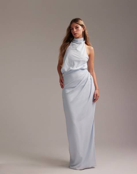 ASOS DESIGN - Gedrapeerde rechte maxi-jurk van crêpe met halternek in lichtblauw - view 1