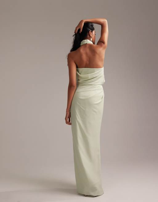 ASOS DESIGN - Gedrapeerde rechte maxi-jurk van crêpe met halternek in lichtgroen, 3 van 5