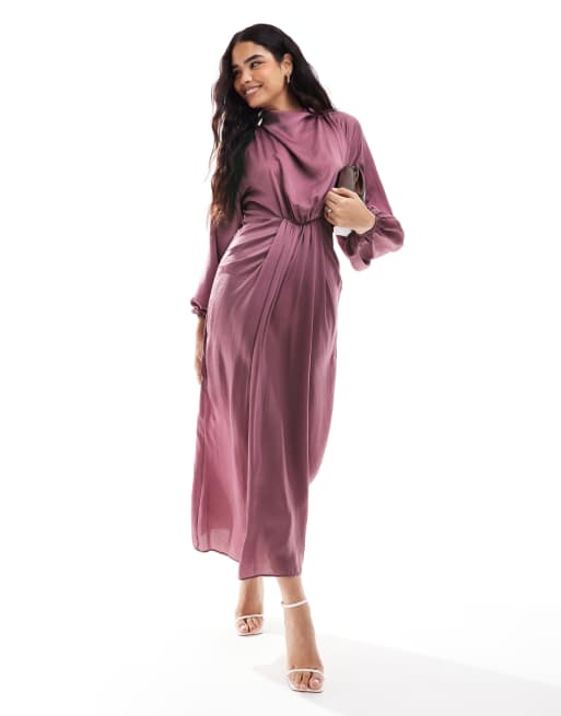 ASOS DESIGN - Gedrapeerde satijnen maxi-jurk met blousonmouwen in bessenroze