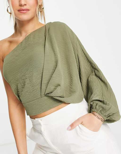 ASOS DESIGN - Gedrapeerde top met blote schouder en vleermuismouwen in olijfgroen, 3 van 4