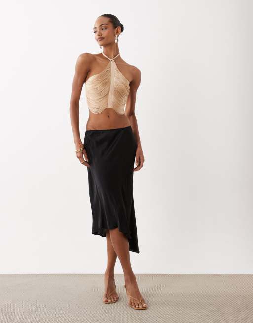 ASOS DESIGN - Gedrapeerde top met halternek en franjes in goud, 2 van 4