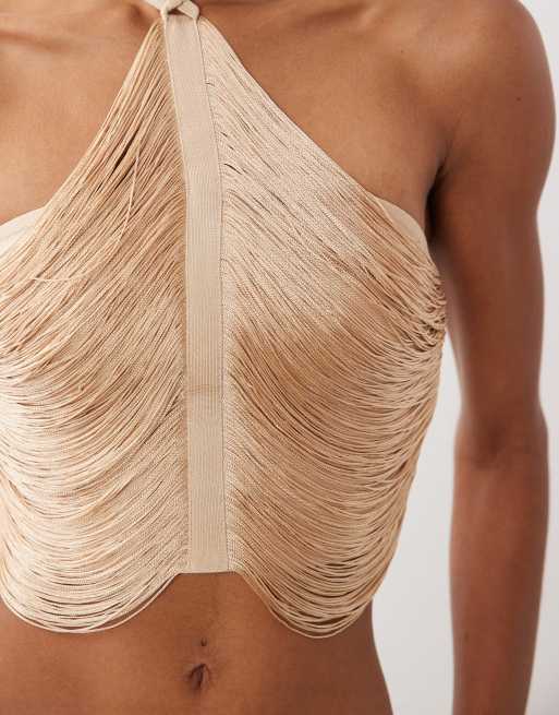 ASOS DESIGN - Gedrapeerde top met halternek en franjes in goud, 3 van 4