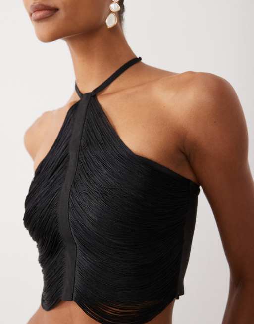 ASOS DESIGN - Gedrapeerde top met halternek en franjes in zwart, 3 van 4
