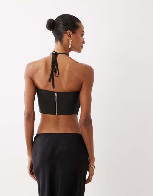 ASOS DESIGN - Gedrapeerde top met halternek en franjes in zwart, 4 van 4