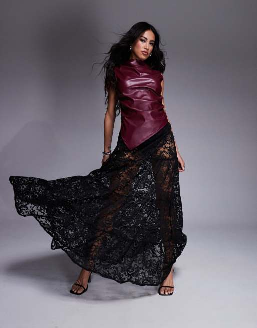 ASOS DESIGN - Gedrapeerde top met leerlook en asymmetrische zoom in bordeauxrood, 2 van 4