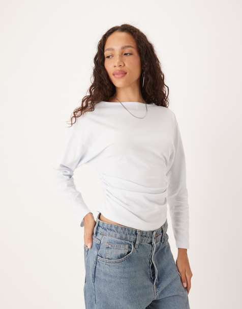 ASOS DESIGN - Gedrapeerde top met vleermuismouwen en rechte hals in blauw - view 1