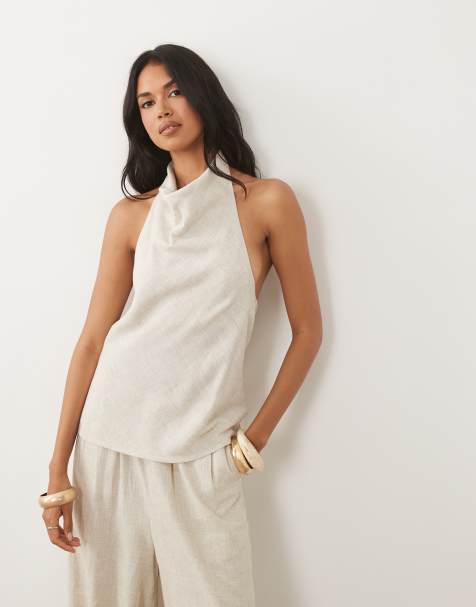 ASOS DESIGN - Gedrapeerde top van linnenmix met halternek in crème, deel van co-ord set - view 1