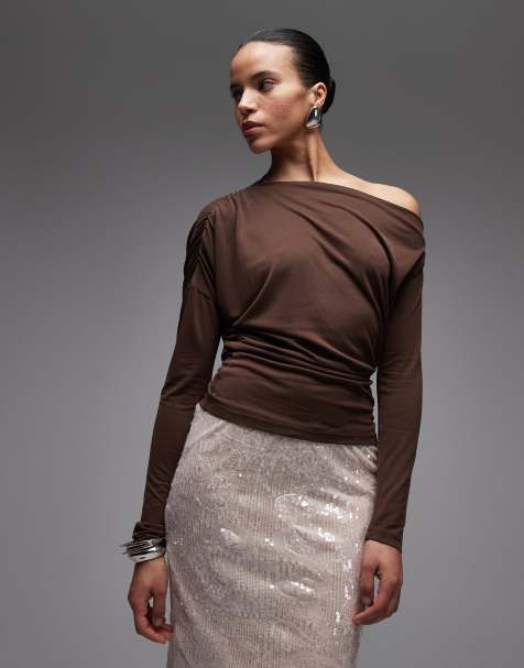 ASOS DESIGN - Gedrapeerde top van modal met blote schouder in chocoladebruin - view 1