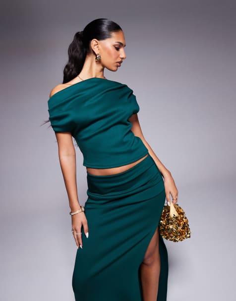 ASOS DESIGN - Gedrapeerde top van scubastof met verlaagde schouders in flessengroen, deel van co-ord set - view 1