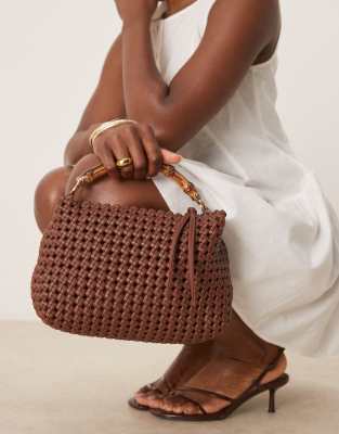 ASOS DESIGN - Geflochtene Handtasche in Schokobraun mit Bambushenkel