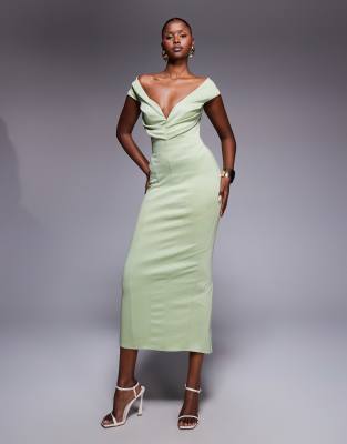ASOS DESIGN - Geformtes Midi-Bleistiftkleid in Salbeigrün mit Bardot-Kragen