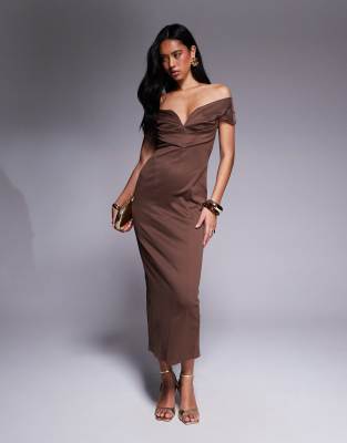 ASOS DESIGN - Geformtes Midi-Bleistiftkleid in Schokobraun mit Carmen-Ausschnitt und Ziernähten