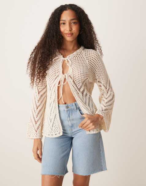 ASOS DESIGN - Gehaakt gebreid vest met gestrikte voorkant in ecru - view 1