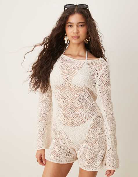 ASOS DESIGN - Gehaakt gebreide playsuit in ecru - view 1