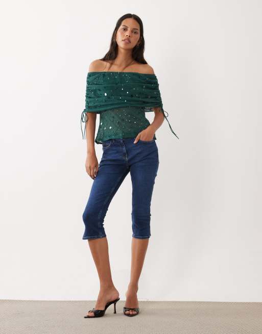 ASOS DESIGN gehaakte bardottop met versiering in teal, 2 van 4