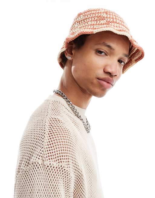 ASOS DESIGN - Gehaakte bucket hat met strepen in oranje en ecru