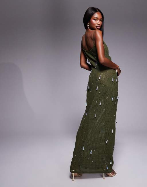 ASOS DESIGN - Gehaakte cami midi-jurk met iriserende druppel-lovertjes in kaki, 3 van 4