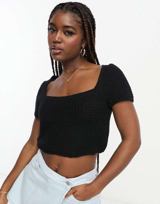 ASOS DESIGN Gehaakte crop top met vierkante hals in zwart