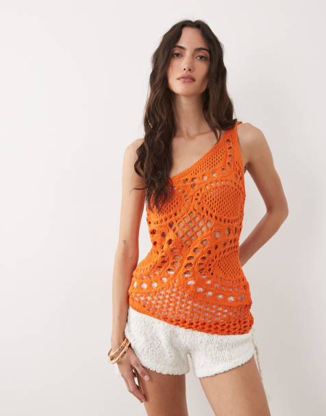 ASOS DESIGN - Gehaakte gebreide asymmetrische top in oranje - view 1