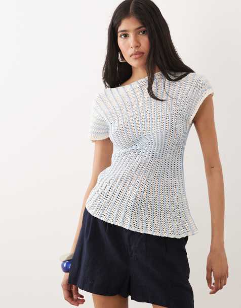ASOS DESIGN - Gehaakte gebreide geplooide top met strepen in blauw - view 1