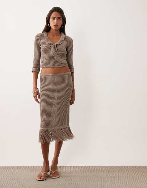 ASOS DESIGN gehaakte gebreide midi-rok met franje en ruche in mocha - view 1