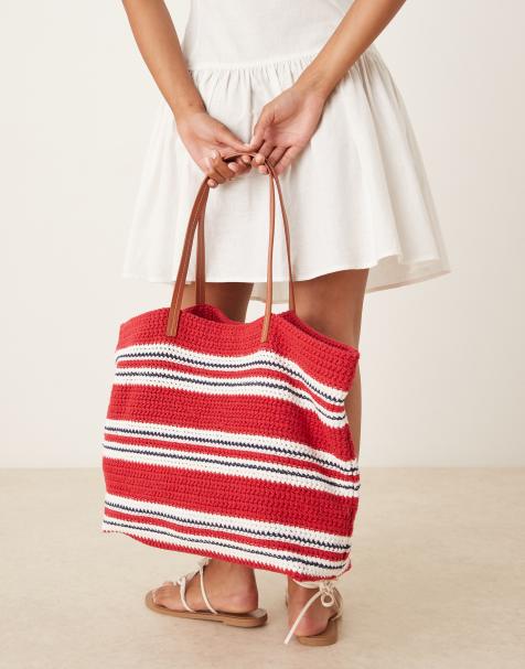 ASOS DESIGN - Gehaakte gebreide tote tas in rood en blauw gestreept - view 1