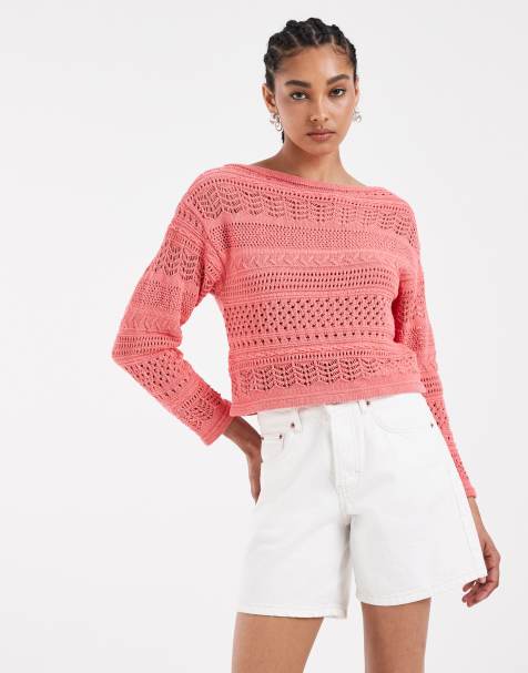ASOS DESIGN - Gehaakte gebreide trui met boothals in koraalroze - view 1