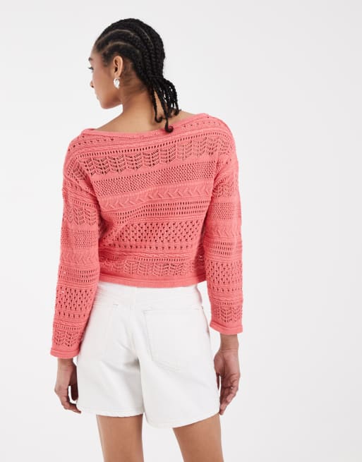 ASOS DESIGN - Gehaakte gebreide trui met boothals in koraalroze, 4 van 4