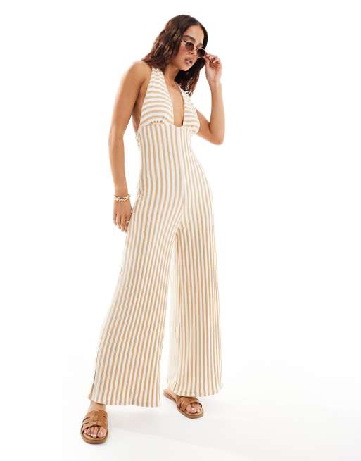 ASOS DESIGN - Gehaakte gestreepte jumpsuit met wijde pijpen en halternek in neutraal