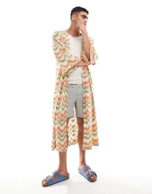 ASOS DESIGN - Gehaakte, gestreepte kimono in perzik en limoengroen