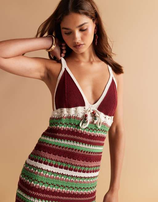 ASOS DESIGN - Gehaakte, gestreepte maxi jurk met gestrikte voorkant en kralen in multi, 4 van 4