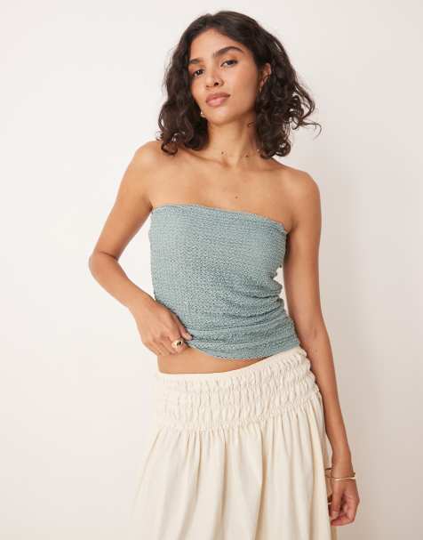 ASOS DESIGN - Gehaakte halfdoorschijnende bandeau-top met lange pasvorm in saliegroen - view 1
