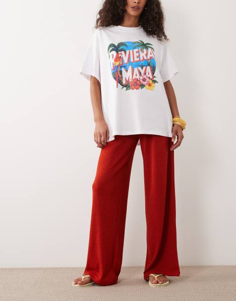 ASOS DESIGN - Gehaakte jersey broek met wijde pijpen en textuur in gebrand rood, deel van co-ord set - view 1