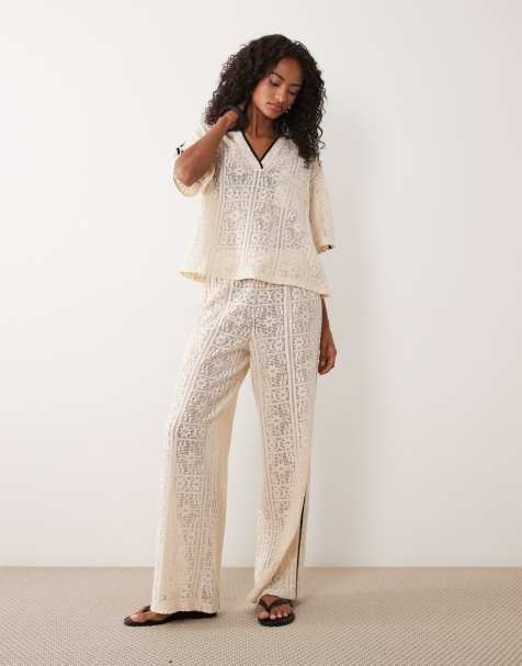 ASOS DESIGN - Gehaakte jersey broek met wijde pijpen in natuurlijke kleur - view 1